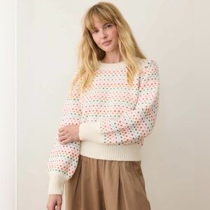 Marine Layer Alma Puff Sleeve Sweater in Cream with Pink and Navy Blue Dots